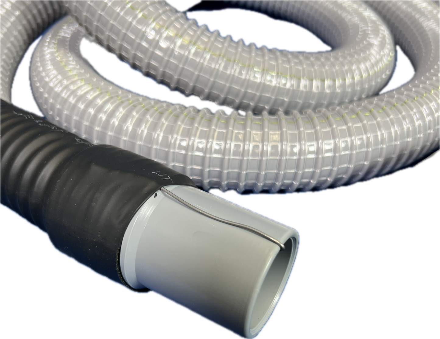 1-1/2" Flexible Plastic PVC Grounded Vacuum Hose with Cuffs, Gray Color, 10', 15', 25' and 50' Lengths Available, Fits Non-Latching Inlet Valves, Equiv to Gardner Denver® AFW7515101, AFW7515151, AFW7515251, AFW7515501