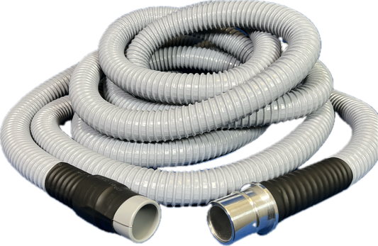 1-1/2" Flexible Plastic PVC Grounded Vacuum Hose with Cuffs, Gray Color, 10', 15', 25' and 50' Lengths Available, Fits Latching and Non-Latching Inlet Valves, Equiv to Gardner Denver® AFW7515101, AFW7515151, AFW7515251, AFW7515501