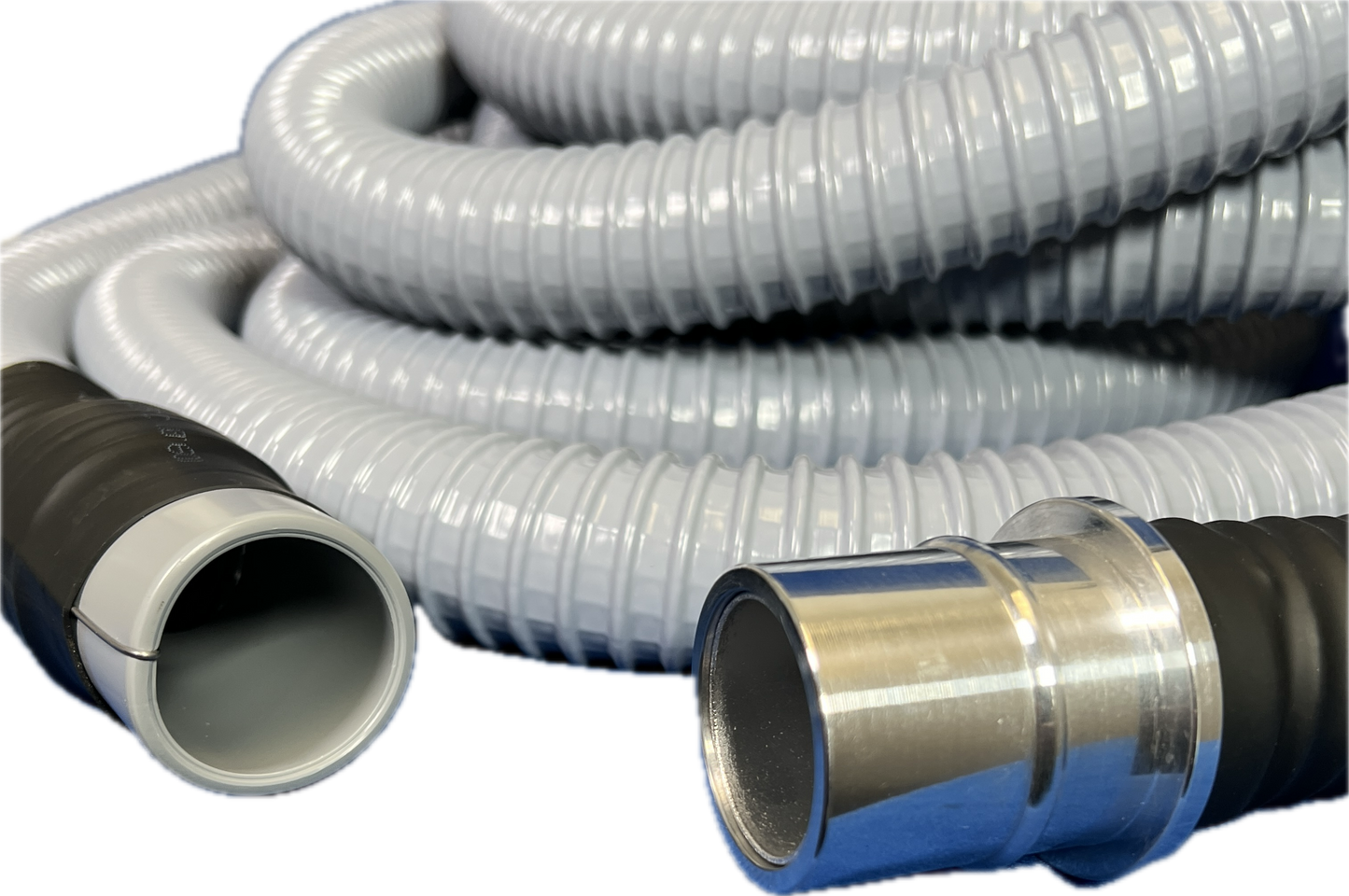 1-1/2" Flexible Plastic PVC Grounded Vacuum Hose with Cuffs, Gray Color, 10', 15', 25' and 50' Lengths Available, Fits Latching and Non-Latching Inlet Valves, Equiv to Gardner Denver® AFW7515101, AFW7515151, AFW7515251, AFW7515501