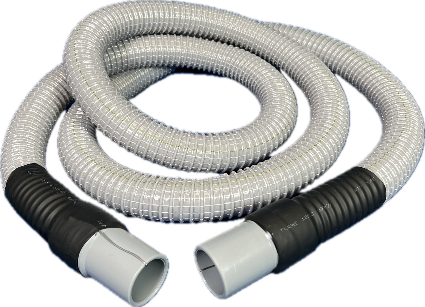 1-1/2" Flexible Plastic PVC Grounded Vacuum Hose with Cuffs, Gray Color, 10', 15', 25' and 50' Lengths Available, Fits Non-Latching Inlet Valves, Equiv to Gardner Denver® AFW7515101, AFW7515151, AFW7515251, AFW7515501